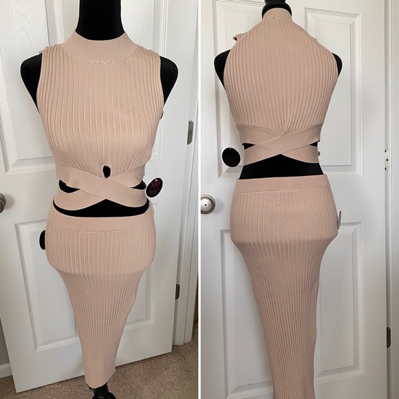Nude Ribbed Knit Mock Neck Cut Out High Waist Skirt Two Piece Set - Picture 2 of 3